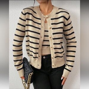 SHEIN Women’s Striped Beige and Black Cropped Sweater Set Medium